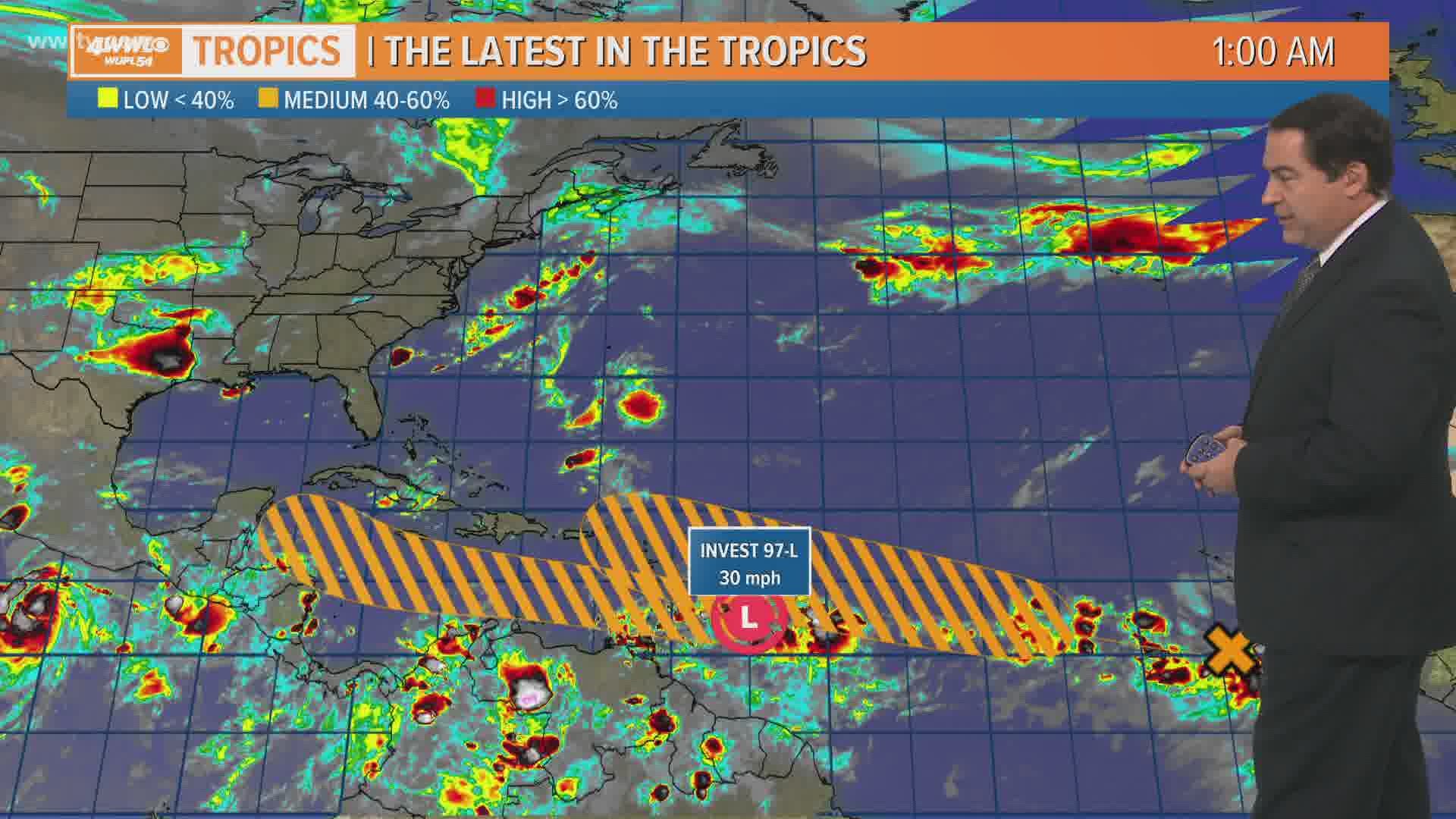 Tropical Wave, Invest 97L, is getting better organized as it is located just east of the Windward and Leeward Islands.