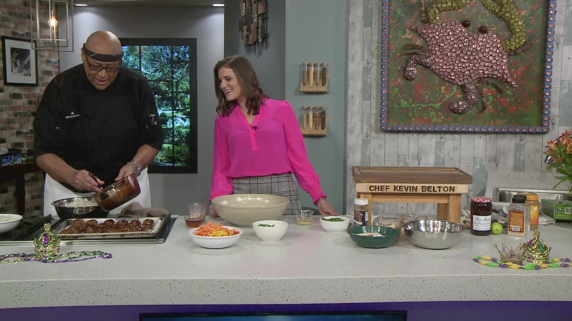 Chef Kevin Belton cooks up Peanut Noodles with Asian Glazed Meatballs.