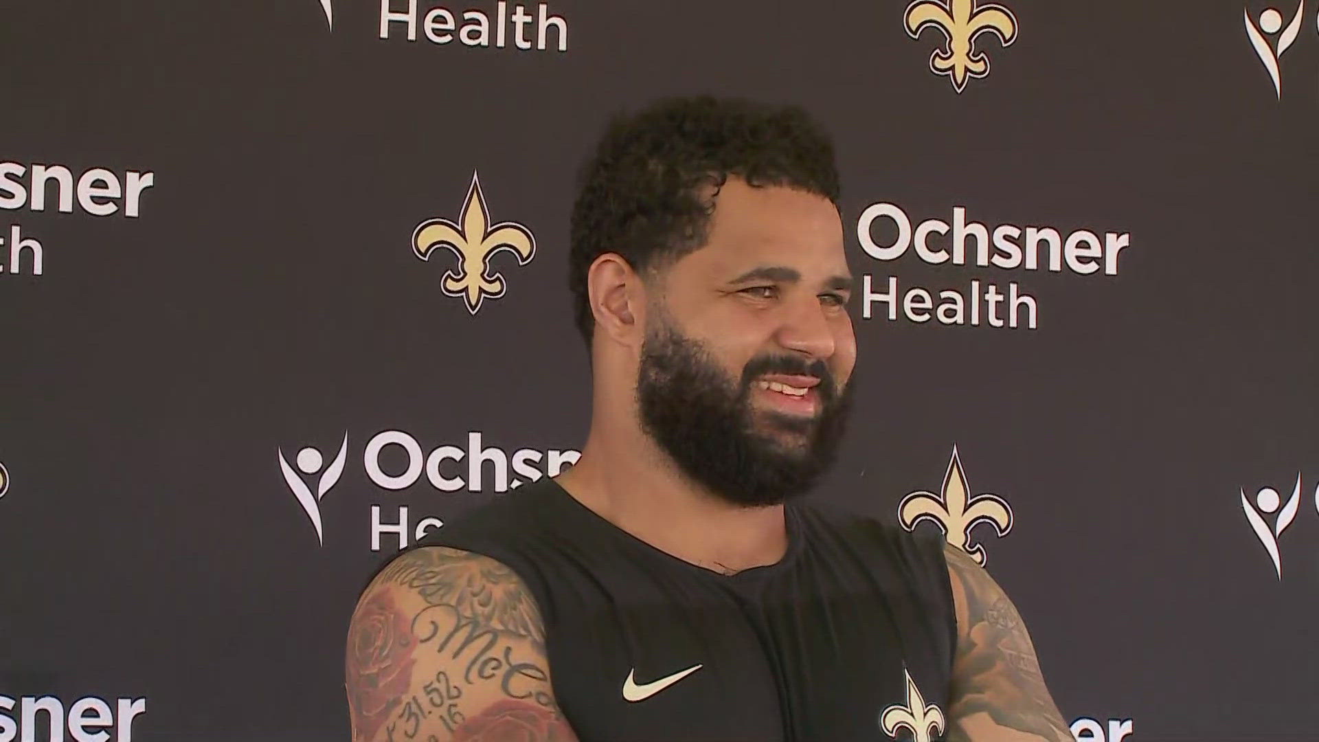 Saints center Erik McCoy talks to media following practice on Day 4 of the team's 2024 training camp in Irvine, Calif., on Saturday, July 27.