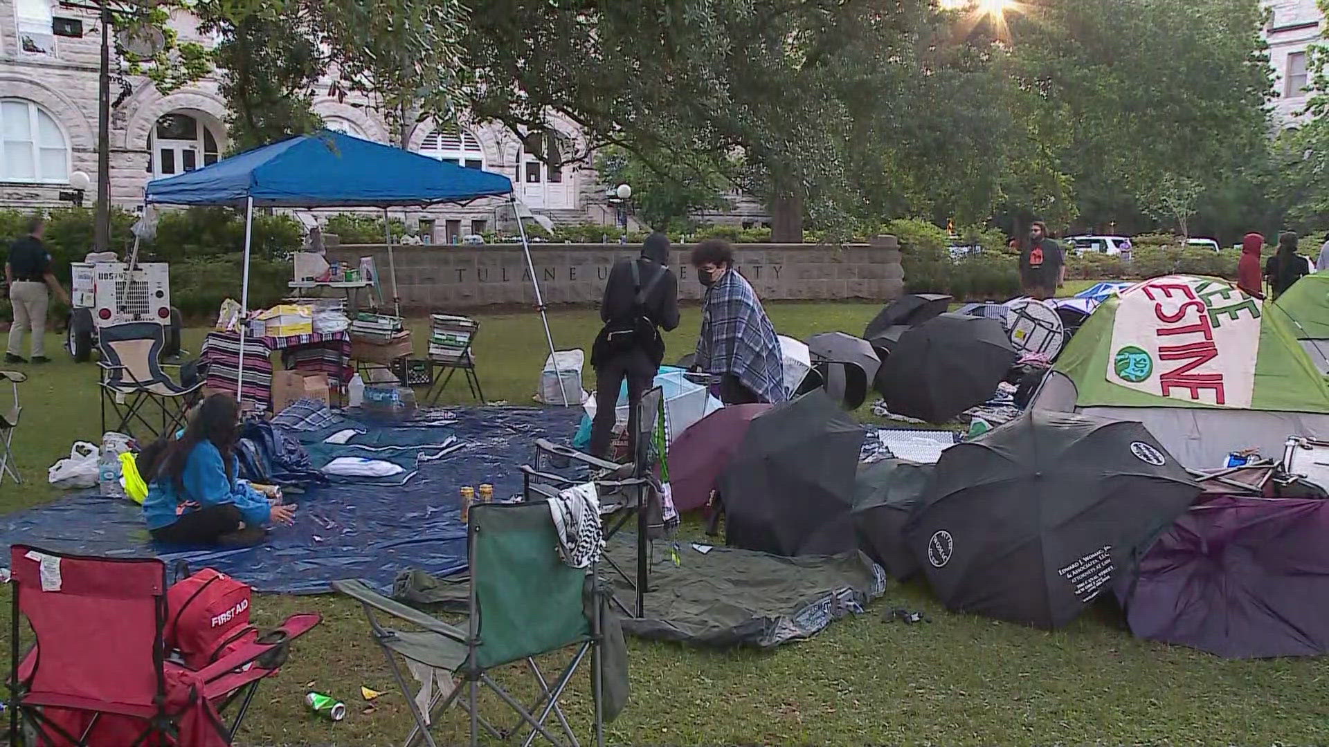 Student protesters set up an encampment on Tulane University campus. The university has issued suspensions, moved classes to online.