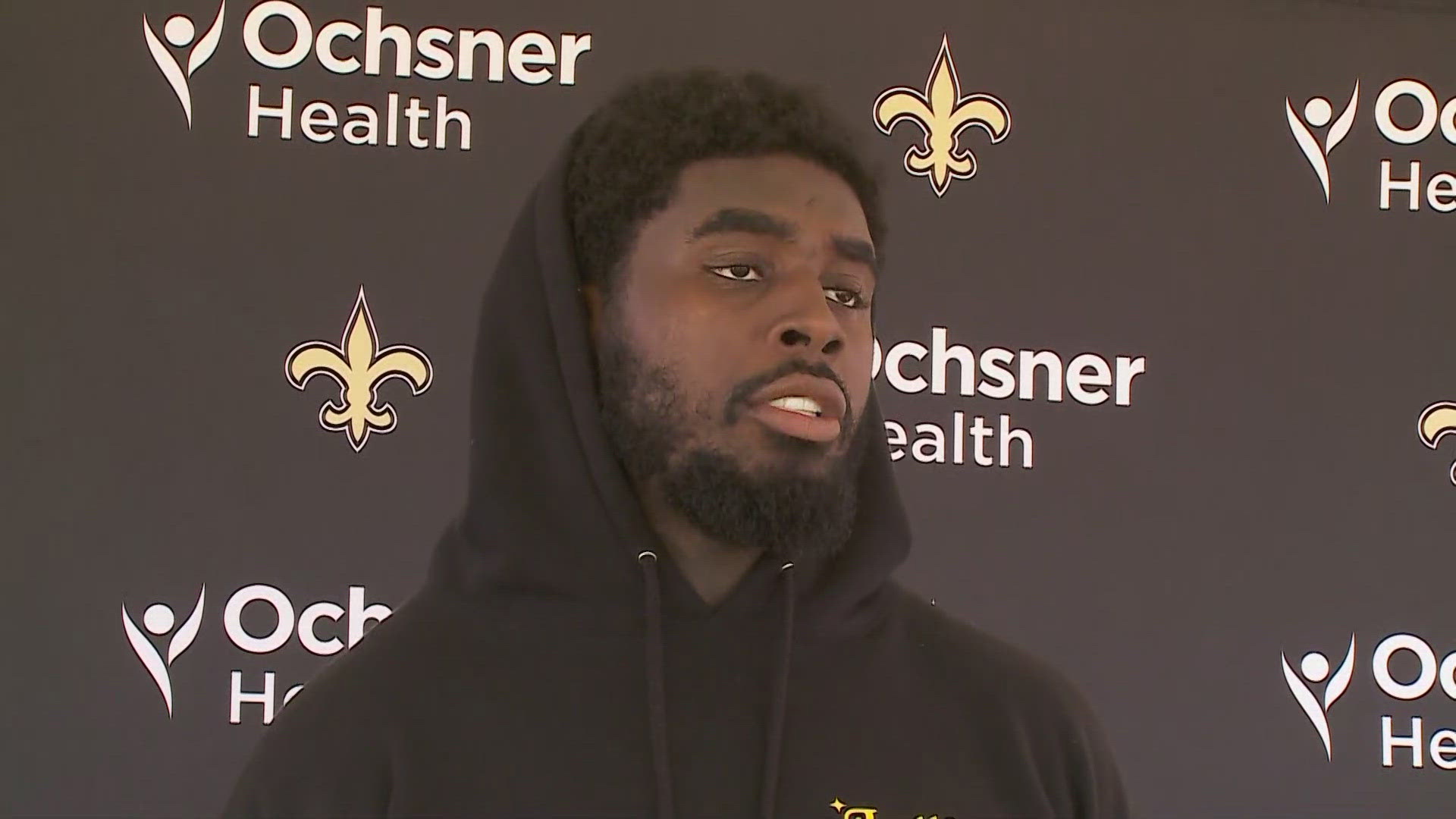 Saints defensive end Carl Granderson talks to media following practice on Day 6 of 2024 training camp at UC-Irvine in California on Tuesday, July 30.