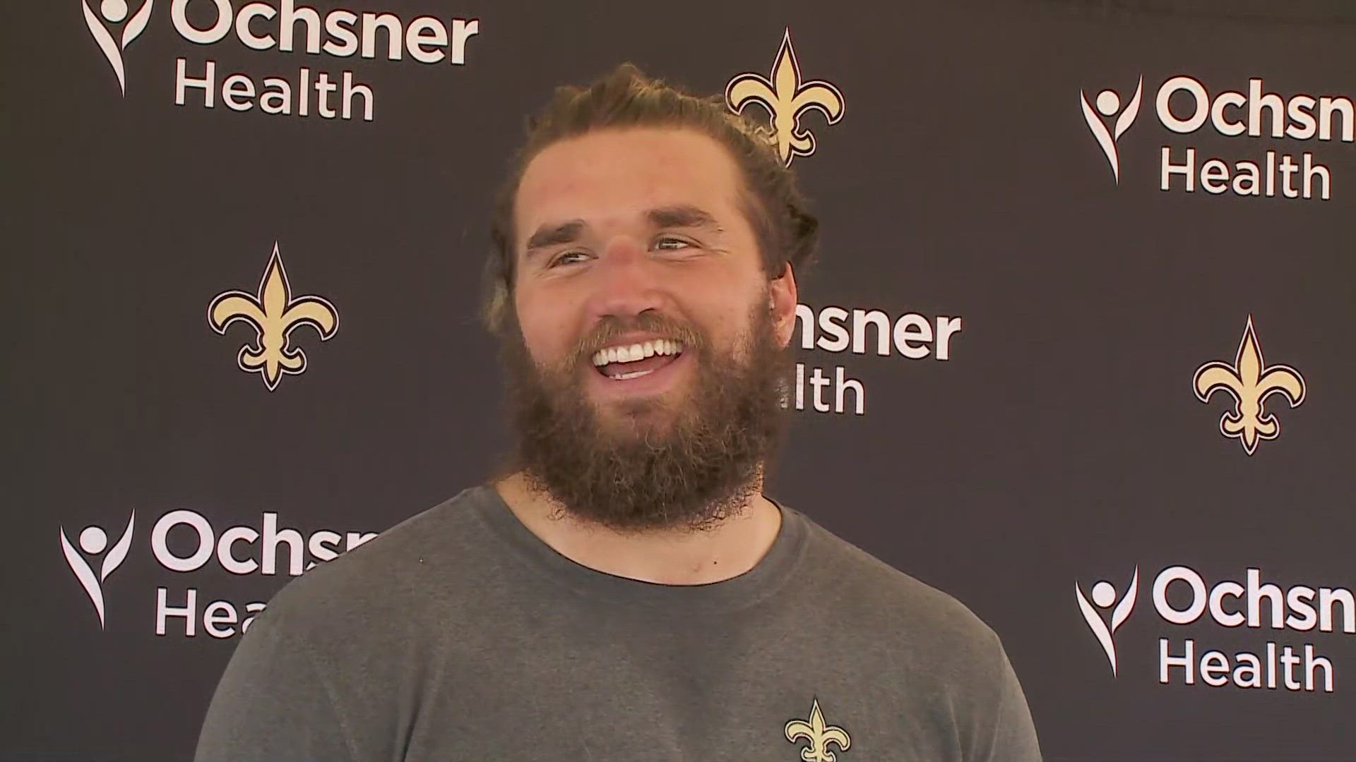 Undrafted rookie tight end Dallin Holker talks with media following practice on Day 9 at 2024 Saints training camp in California on Saturday, Aug. 3.