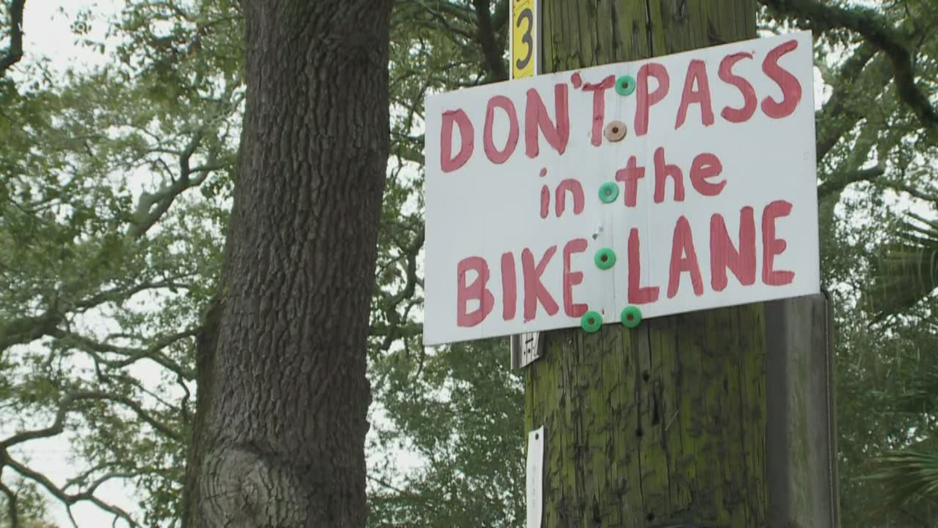 Krewe of Red Beans is responsible for the stenciled signs warning drivers to watch for bikes and pedestrians.