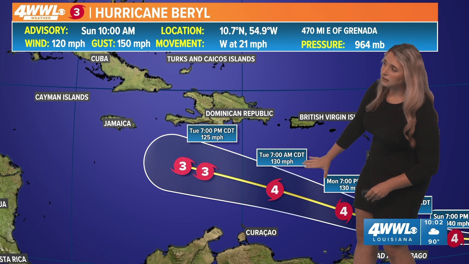 Meteorologist Alexa Trischler says Cat 3 Hurricane Beryl continues to strengthen, forecast to become category 4 late Sunday.