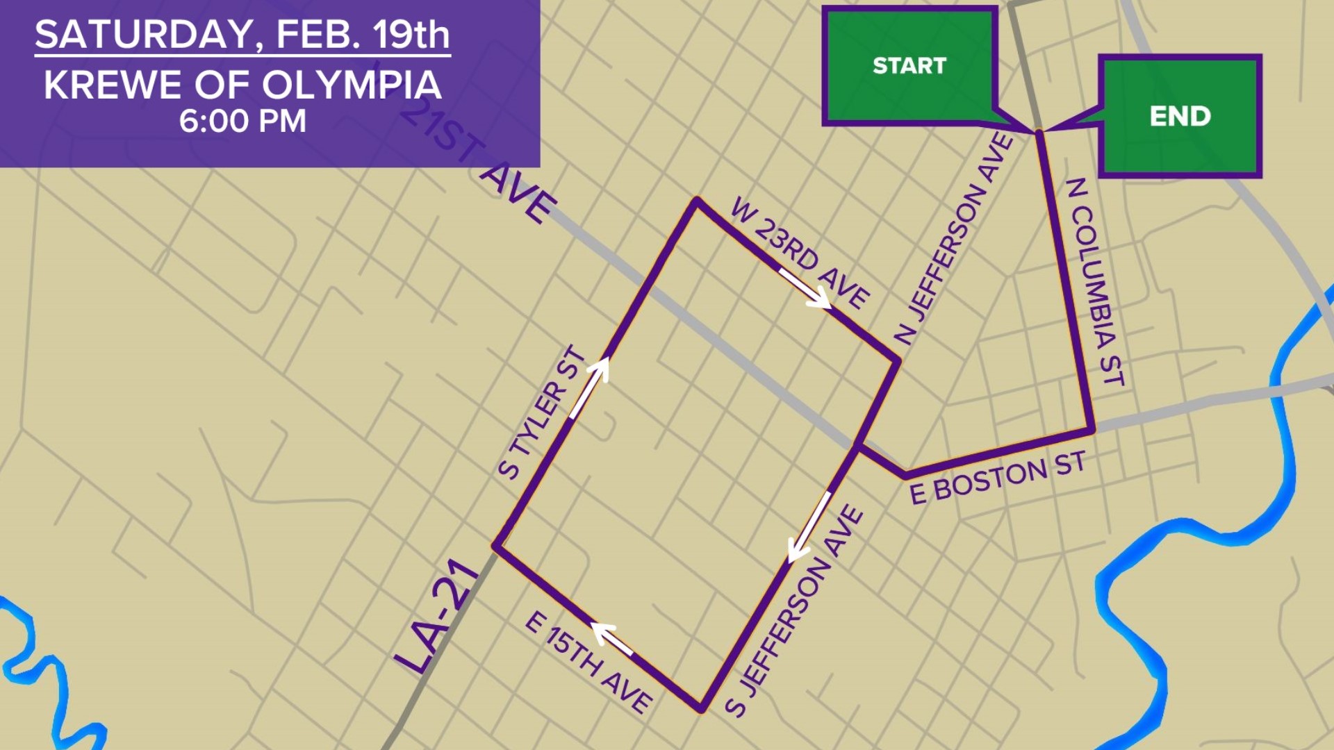Krewe of Olympia parade route, start time