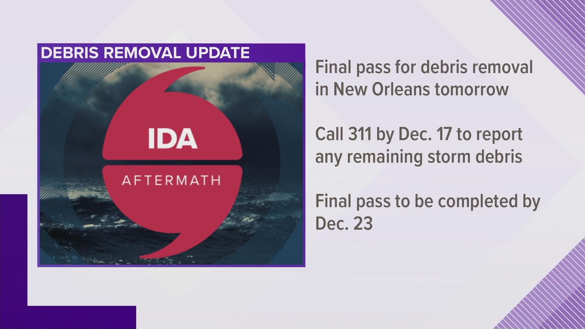 The New Orleans Dept. of Sanitation said they are starting their third and final pass at picking up debris left behind by hurricane Ida.