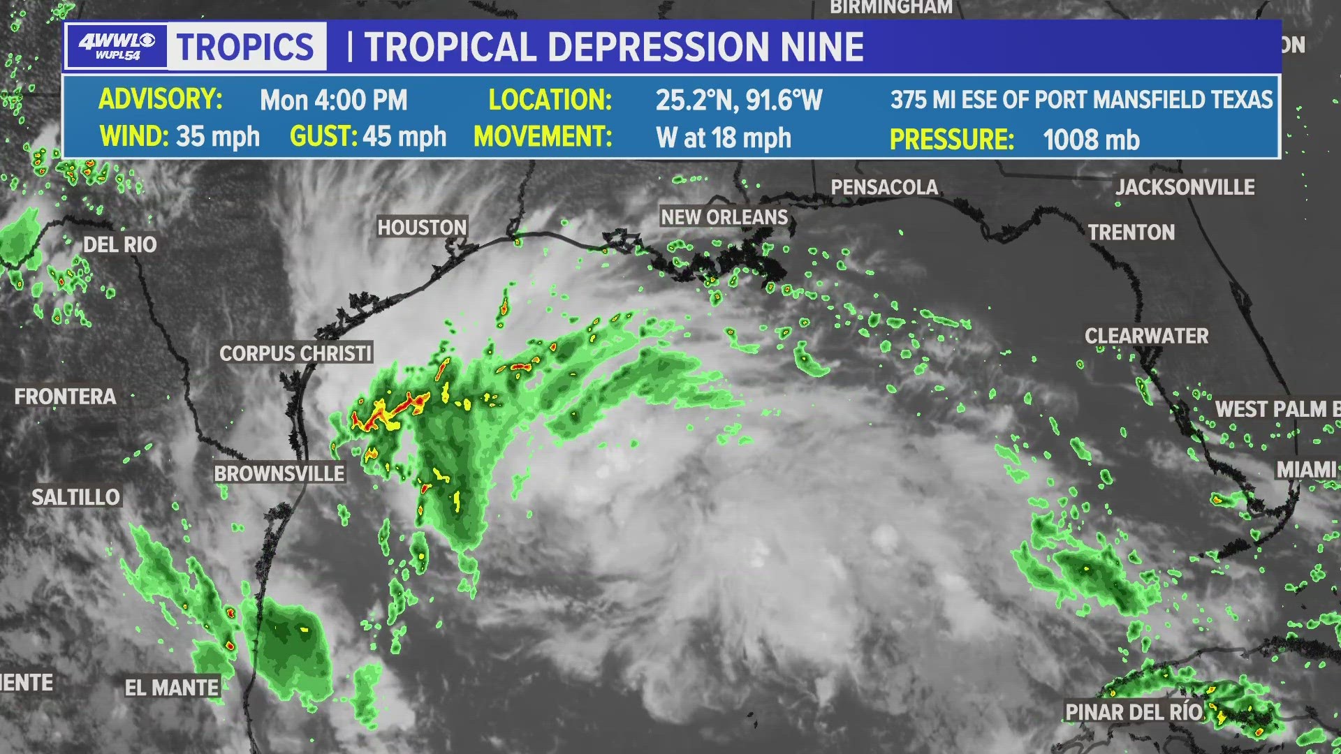 WWL-TV Chief Meteorologist Chris Franklin shares the latest news on Tropical Depression Nine as in moves into the Gulf of Mexico on Monday afternoon.