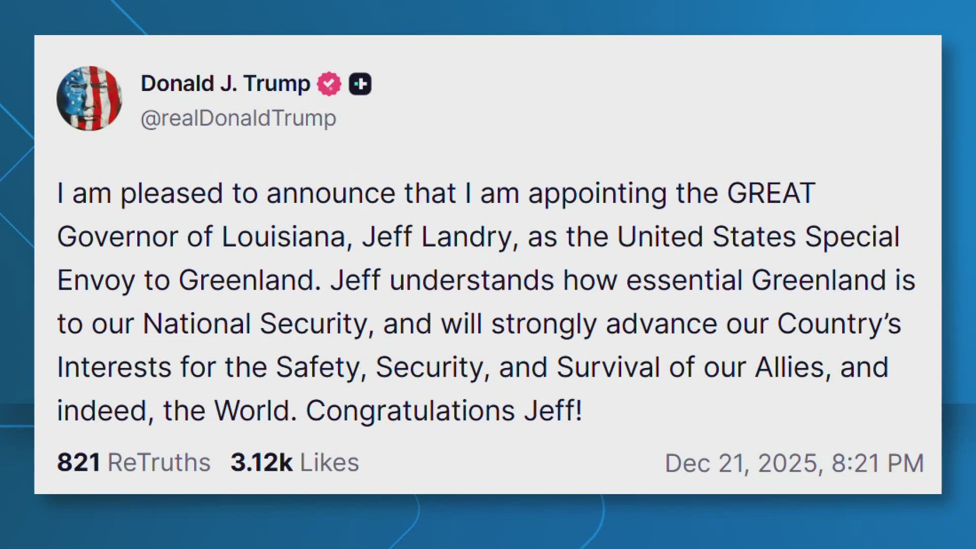 President Donald Trump appoints Louisiana Gov. Jeff Landry as U.S.