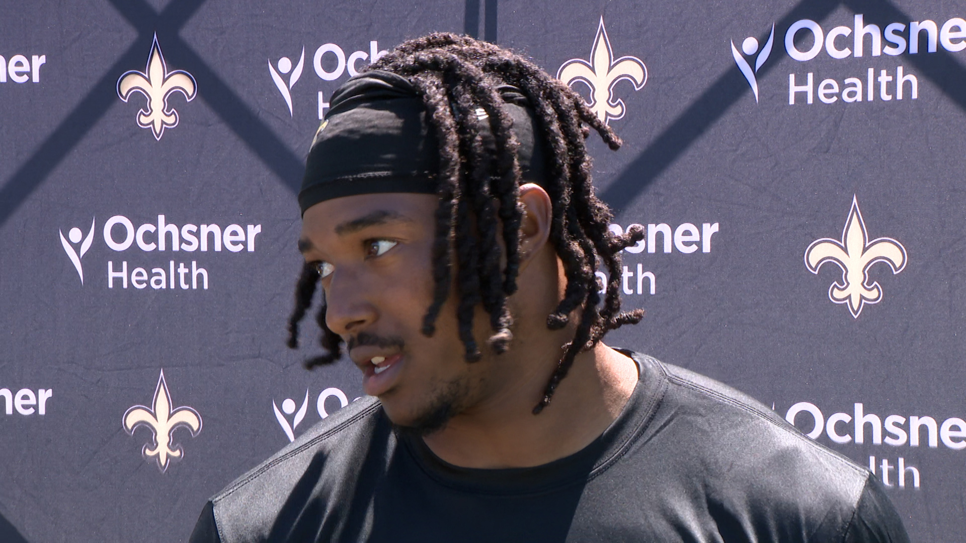 Defensive back Jordan Howden talks with media following practice on Day 10 of the 2024 Saints training camp at UC-Irvine in California on Sunday, Aug. 4.