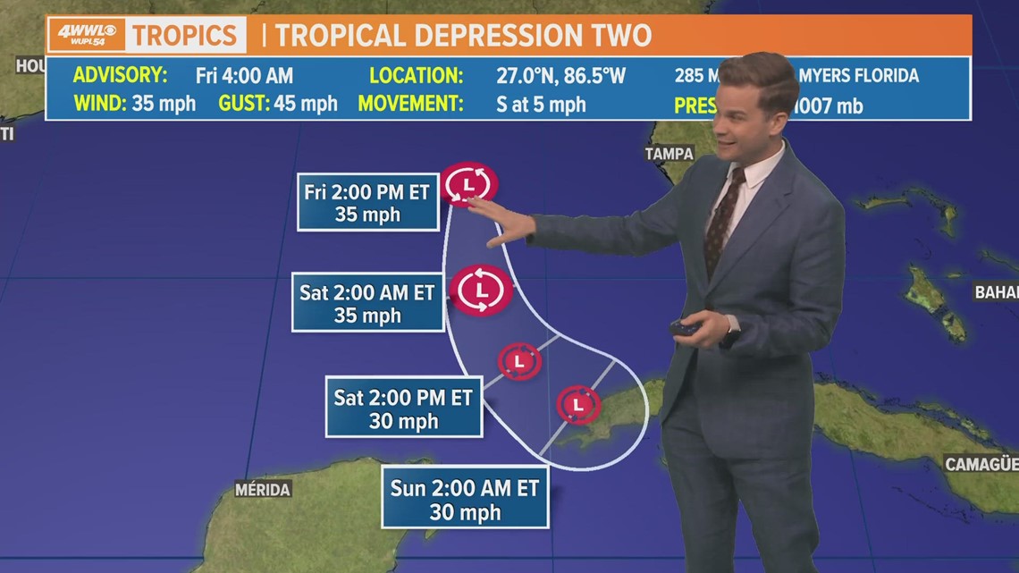 Tropical Weather Update TD2 struggling, battling wind shear in Gulf
