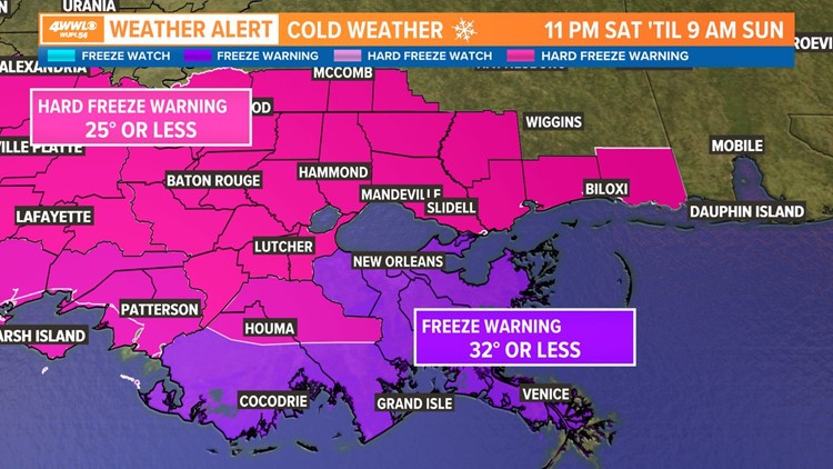 Freeze warnings for all of southeast Louisiana Saturday night to Sunday morning