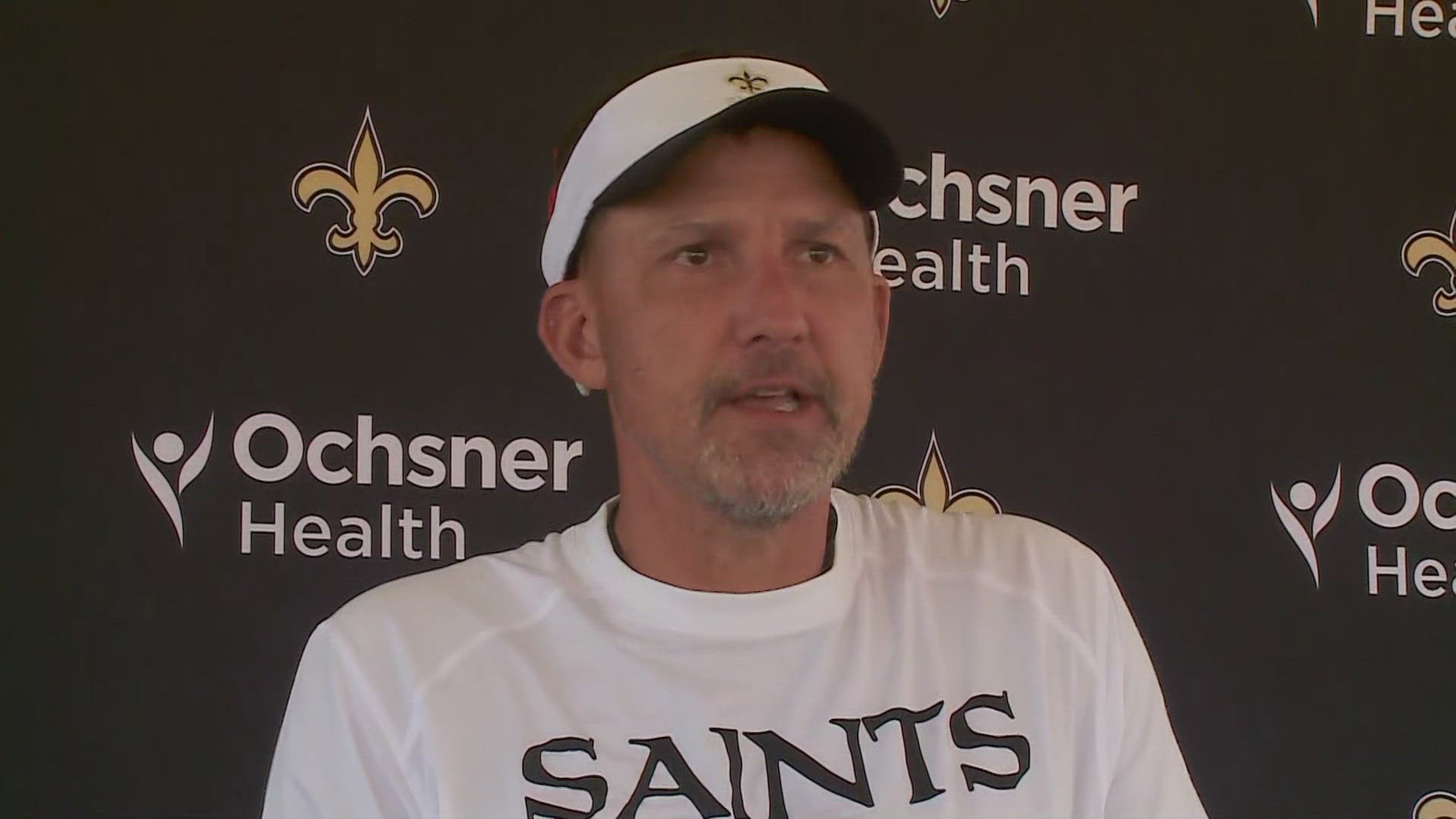 Head coach Dennis Allen addresses media following practice on Day 10 of the 2024 Saints training camp at UC-Irvine in California on Sunday, Aug. 4.