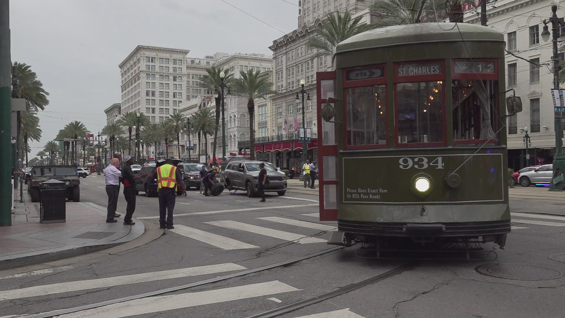 The SUV was reportedly parked on the neutral ground when the streetcar hit it.