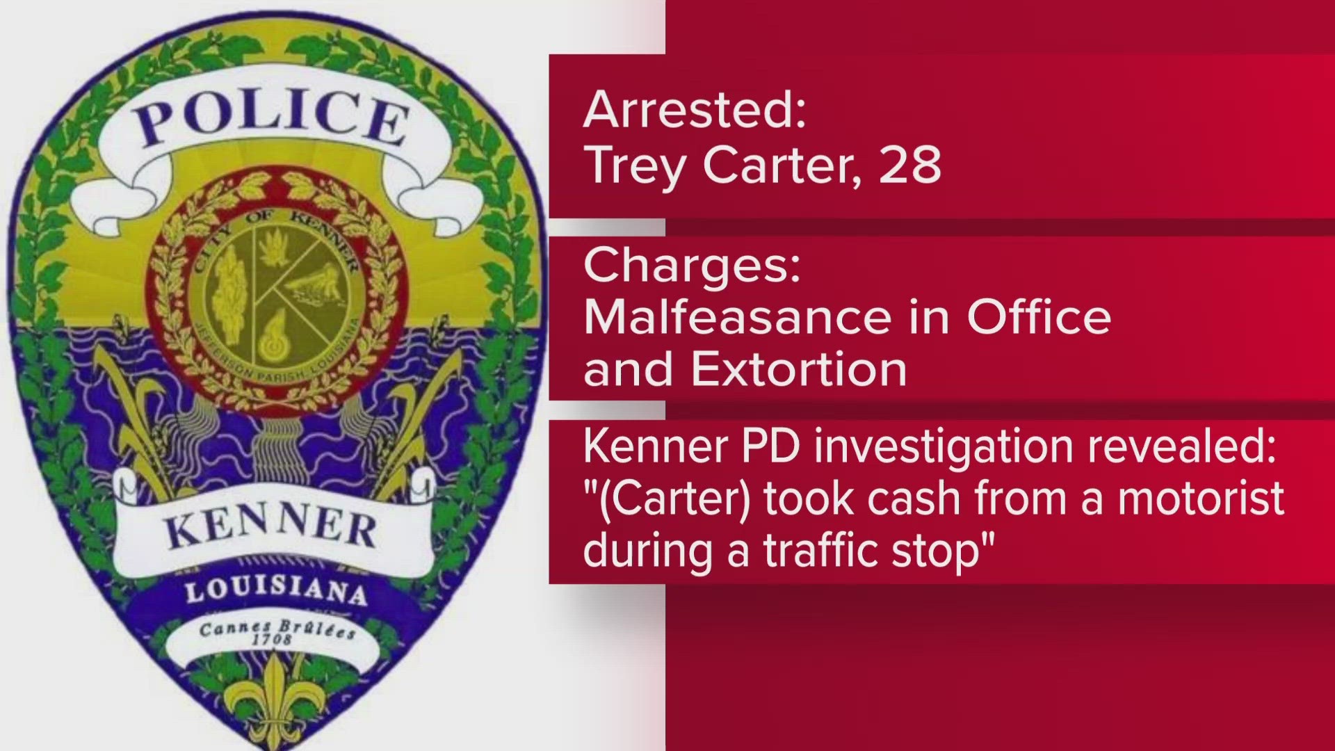 Kenner PD officer arrested for taking cash from a motorist during a traffic stop.