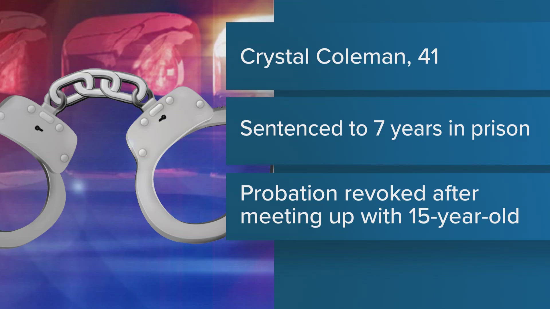 Investigators say 41-year-old Crystal Coleman was charged with indecent behavior with a juvenile for having a sexual relationship with a 15 year old.