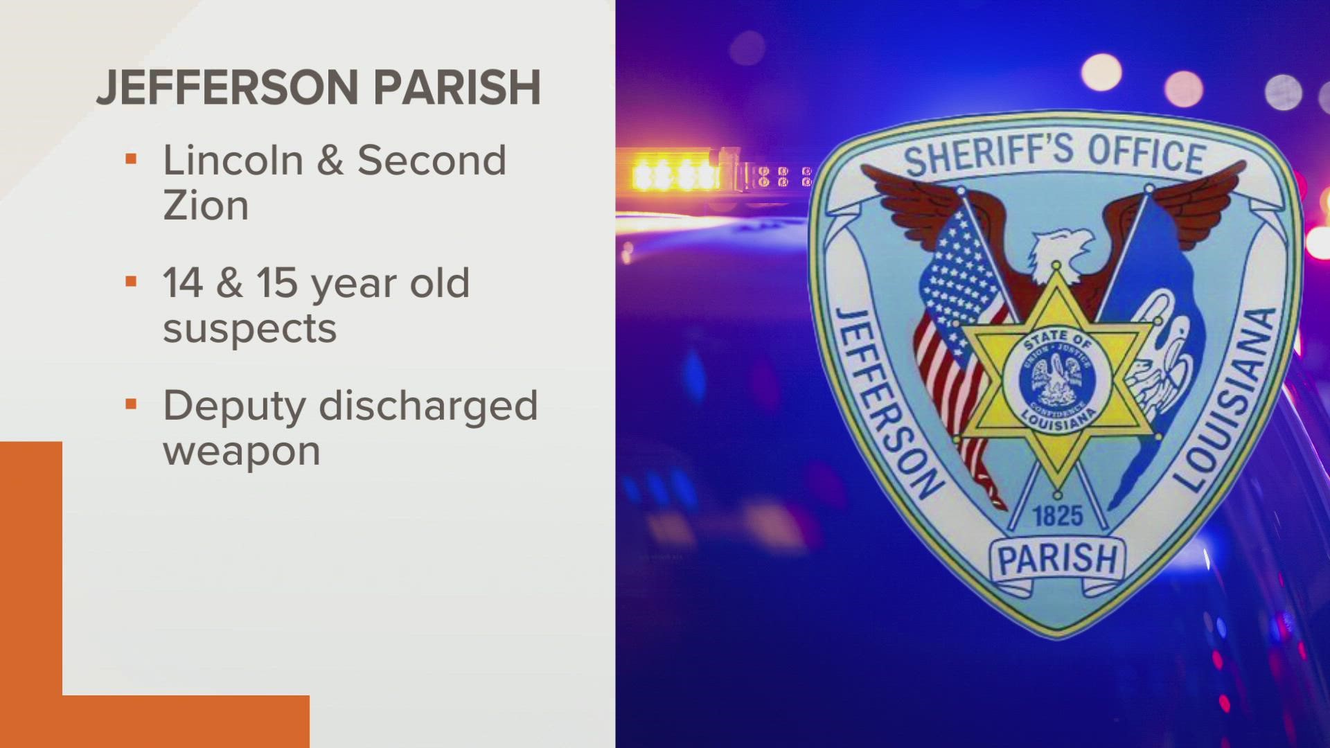 A JPSO deputy discharged his firearm while engaging with two juveniles. Neither juvenile was hit or wounded by gunfire.