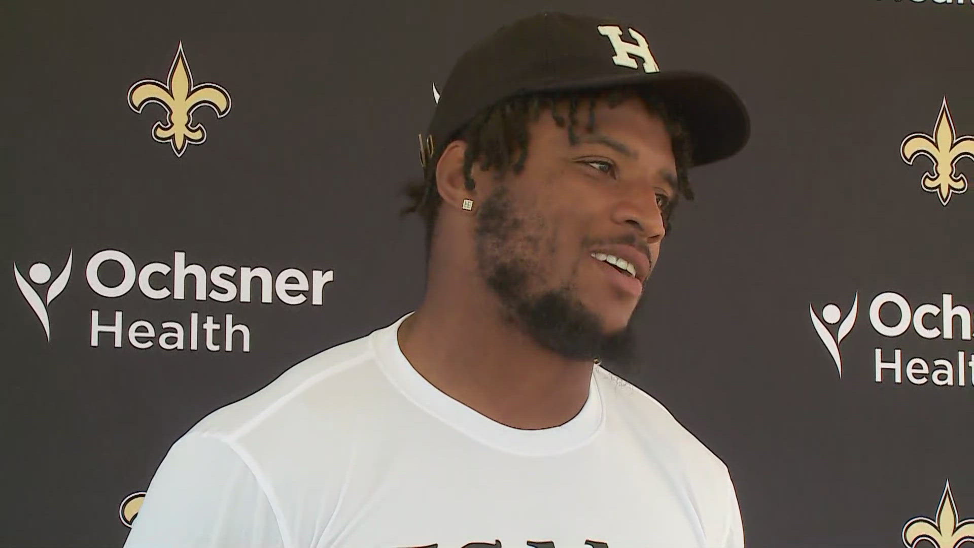 Veteran linebacker Khaleke Hudson talks to media following practice on Day 11 of Saints training camp at UC-Irvine in California on Monday, Aug. 5.