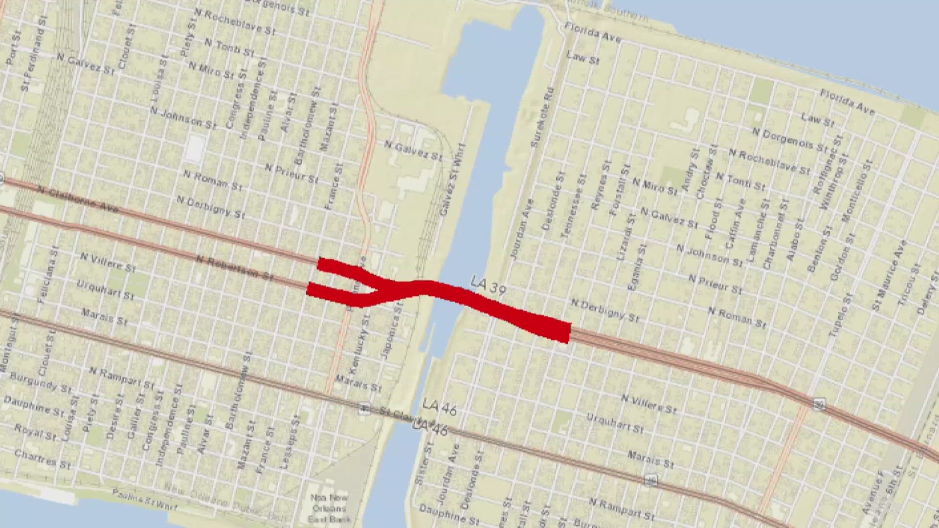 Emergency and public transportation will not have access to the bridge during work hours. Detour is LA 46/St. Claude Ave. bridge.