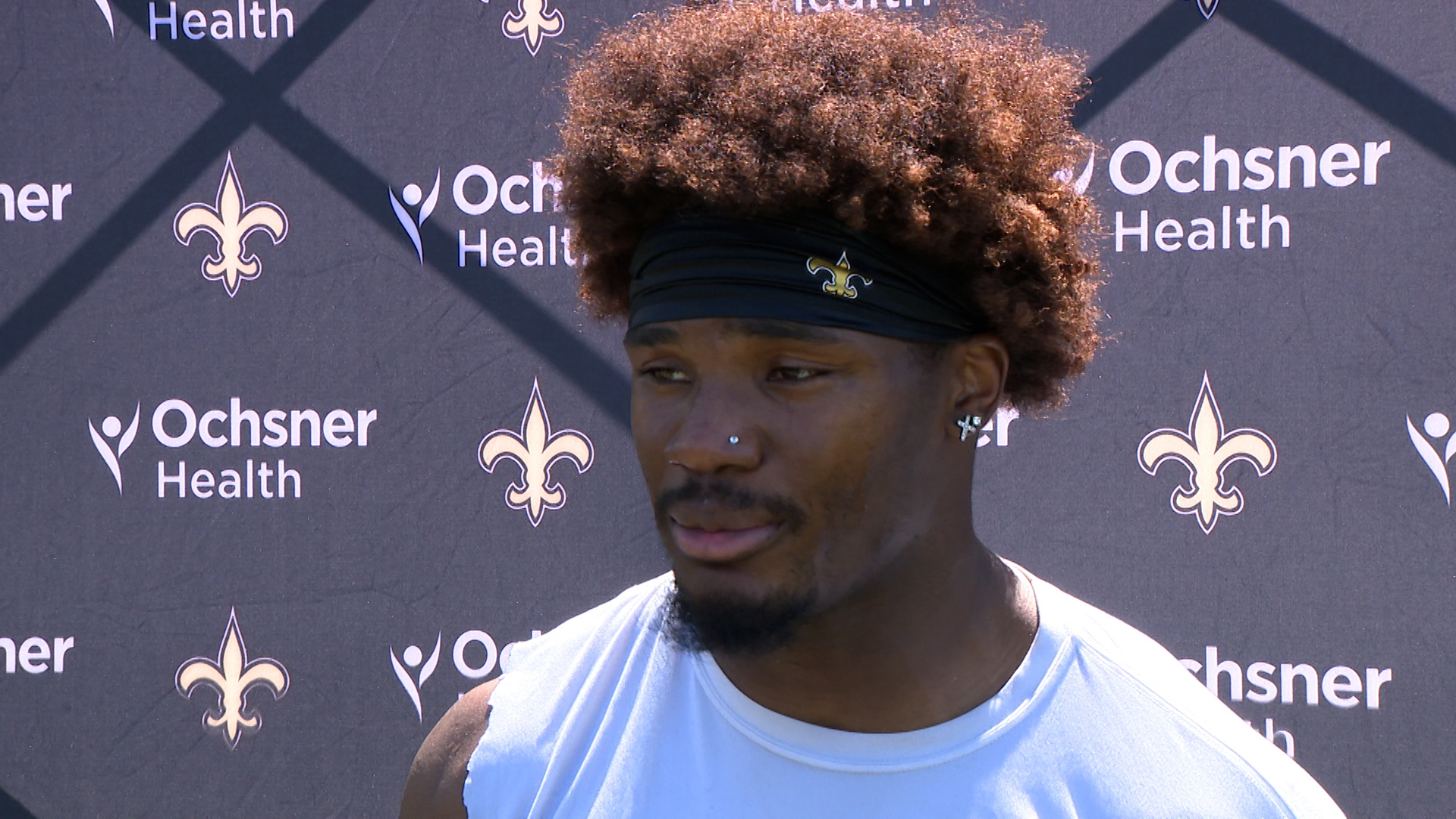 Saints linebacker Anfernee Orji talks with media following practice on Day 8 of the team's 2024 training camp at UC-Irvine in California on Friday, Aug. 2.