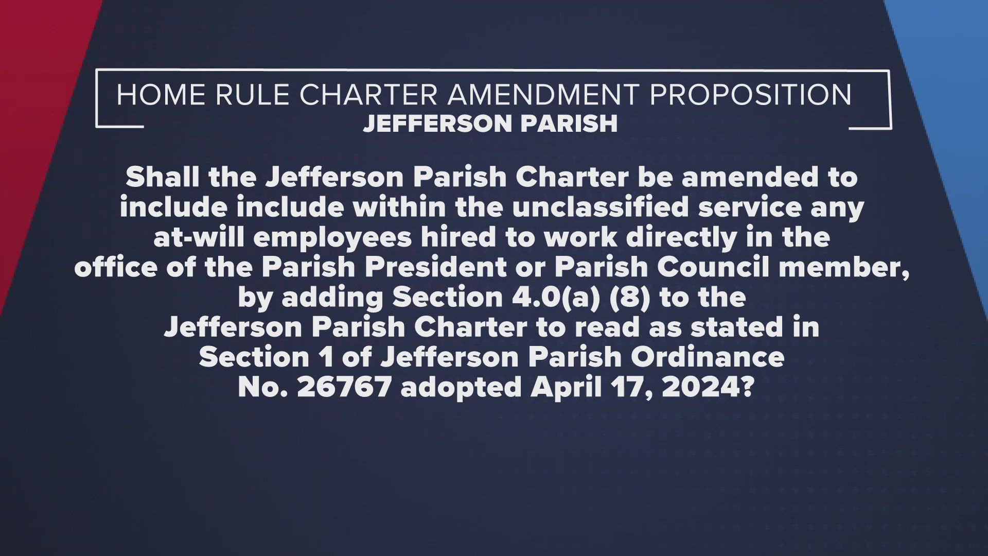 Jefferson Parish Voters will be asked to decide on a possible Home Rule Charter amendment, which deals with the administrative organization of the parish.