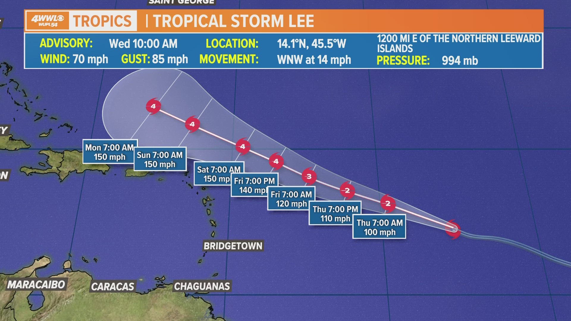 WWL-TV Meteorologist Alexandra Cranford provides latest details on Tropical Storm Lee on Eyewitness News at noon on Wednesday, Sept. 6, 2023.