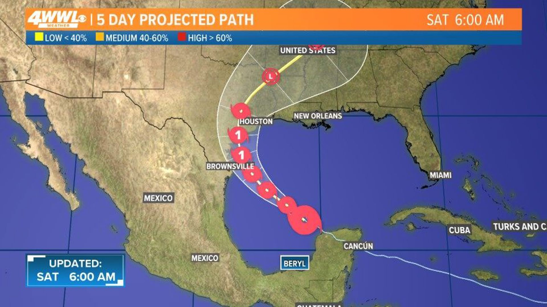 We're tracking Hurricane Beryl as it moves through the Gulf with an expected strike on the Gulf Coast of Texas sometime early Monday.