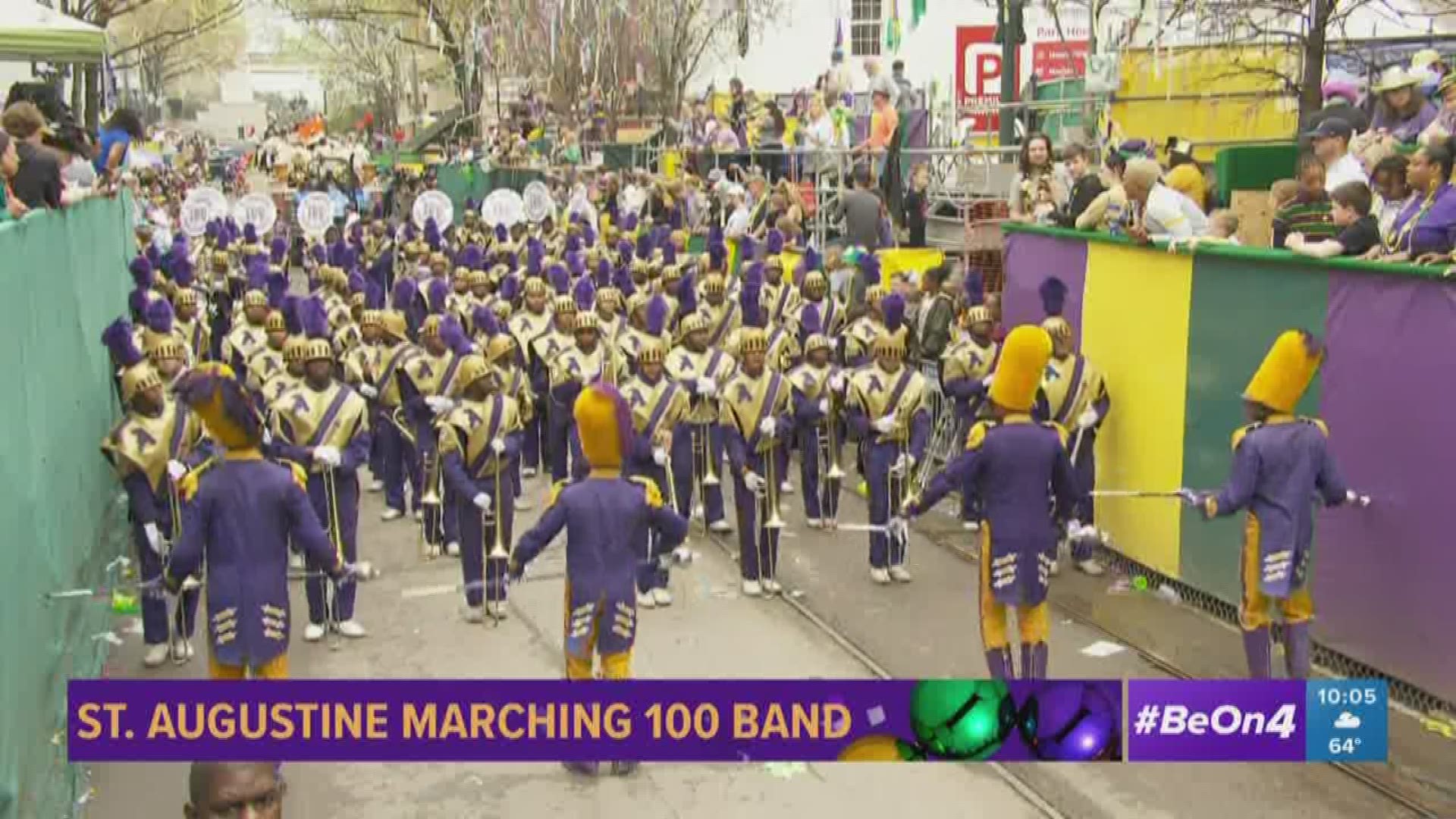 St. Augustine Marching Band, a fan-favorite high school band in New Orleans, marches in the Krewe of Zulu parade on Mardi Gras Day, Tuesday, Feb. 25 2020.