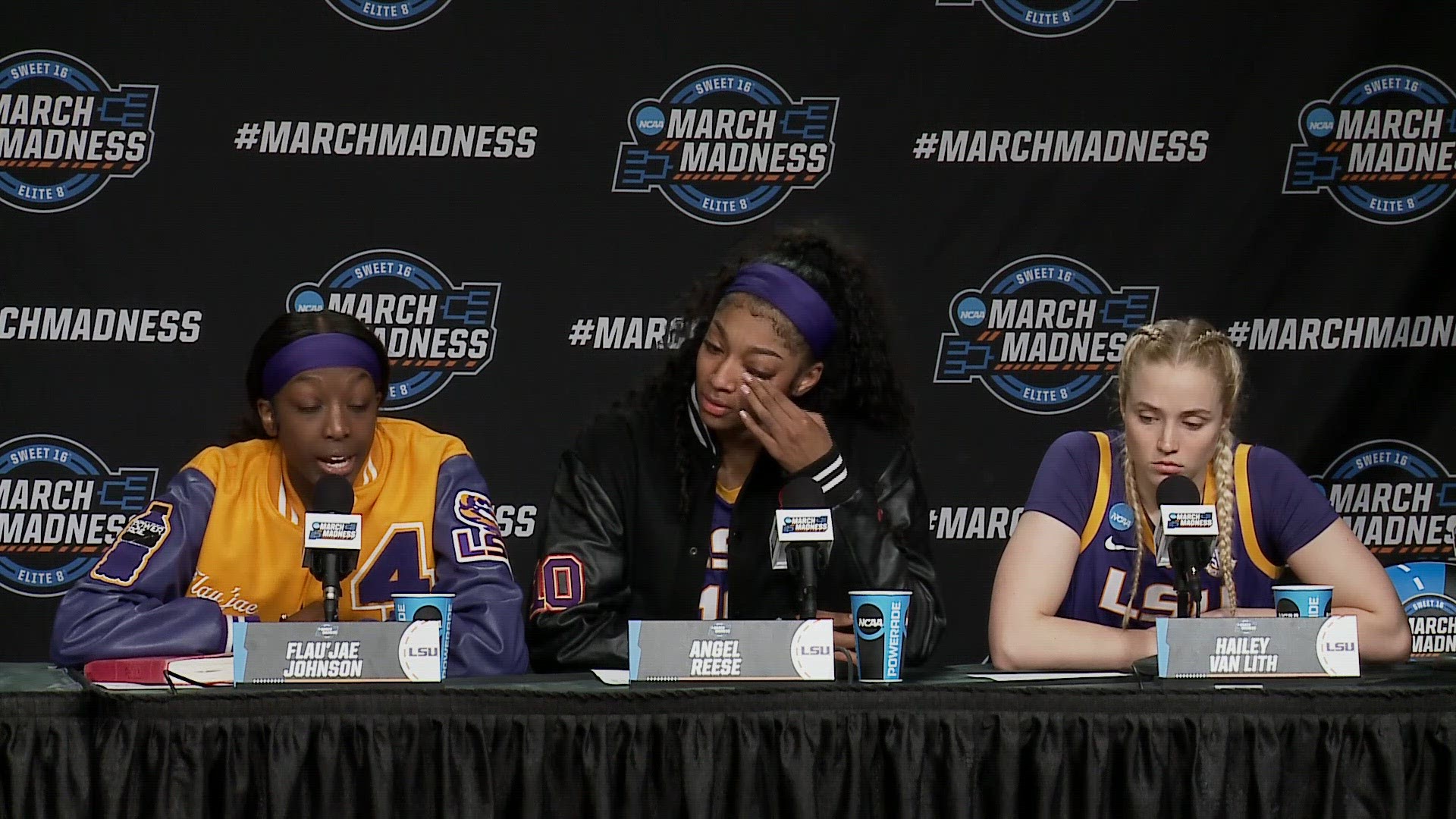 LSU's Angel Reese received compliments from her teammates, Flau'jae Johnson and Hailey Van Lith following the team's loss to Iowa in the Elite Eight.