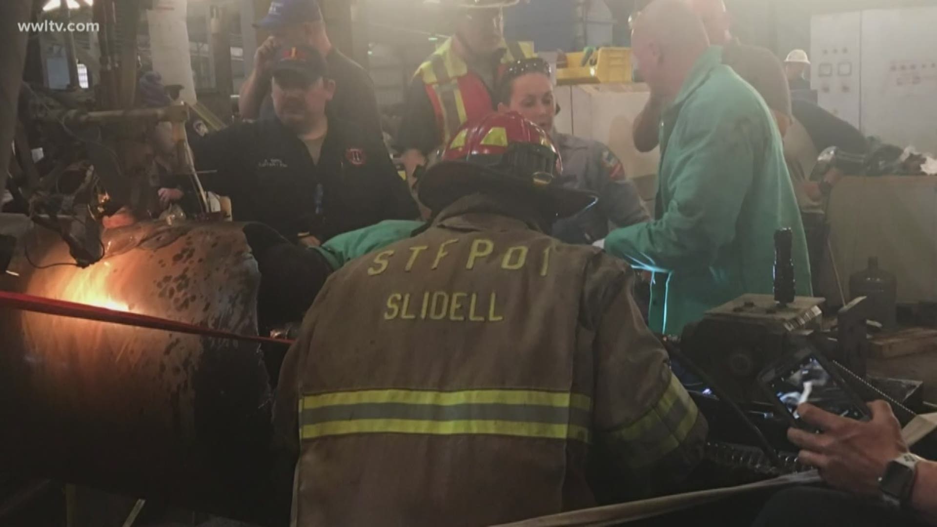 A post from the fire district’s Facebook page showed several photos of department personnel working to free the worker and a later photo showing someone on a stretcher being taken to a helicopter.