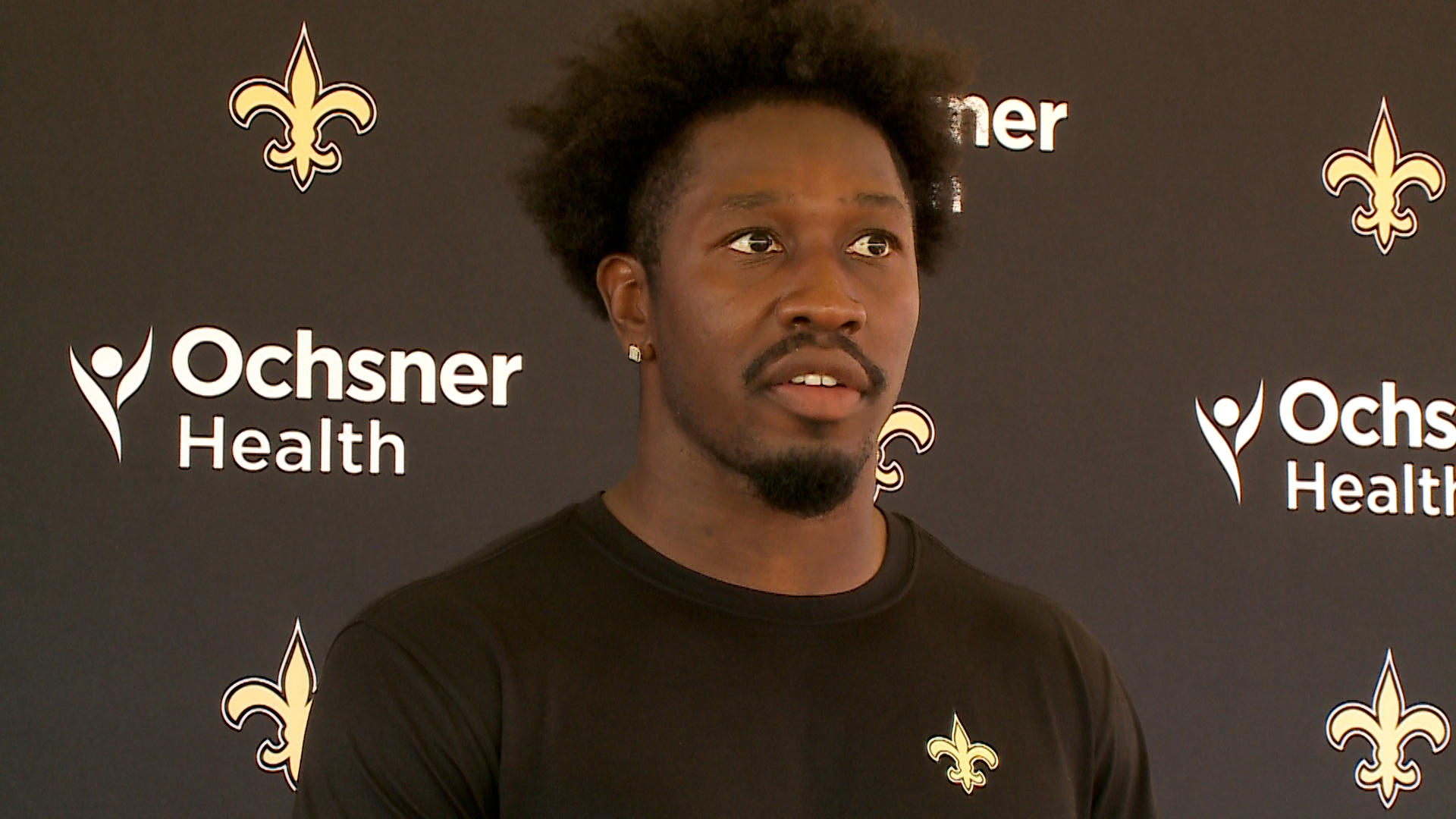 Second-year Saints running back Jordan Mims talks to media following practice on Day 10 of the team's 2024 training camp at UC-Irvine in California on Sunday.