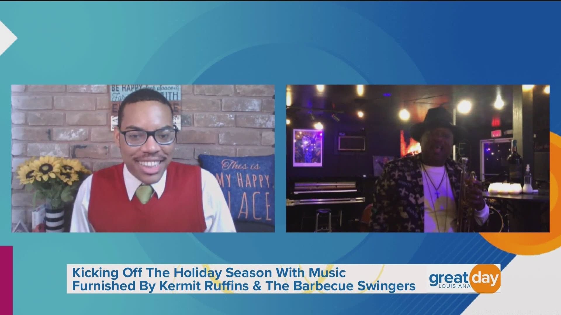Kermit Ruffins & The Barbecue Swingers discussed the Mother-in-Law Lounge and performed a holiday classic.