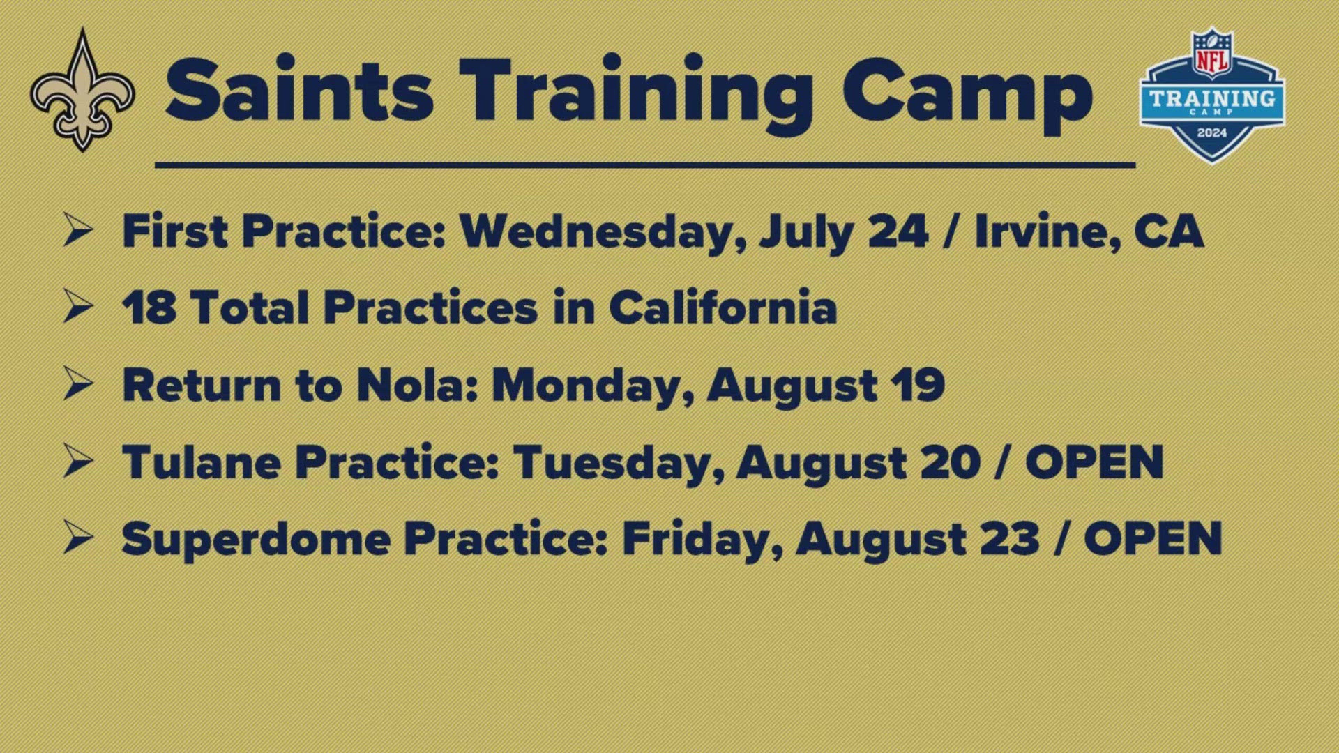 The Saints begin camp in Irvine on July 24.