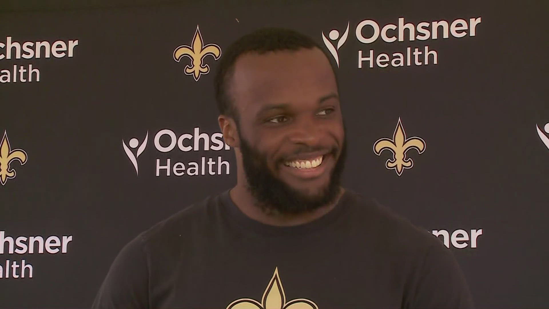 Saints defensive end Isaiah Foskey talks with media on Day 8 of the team's 2024 training camp at UC-Irvine in California on Friday, Aug. 2.