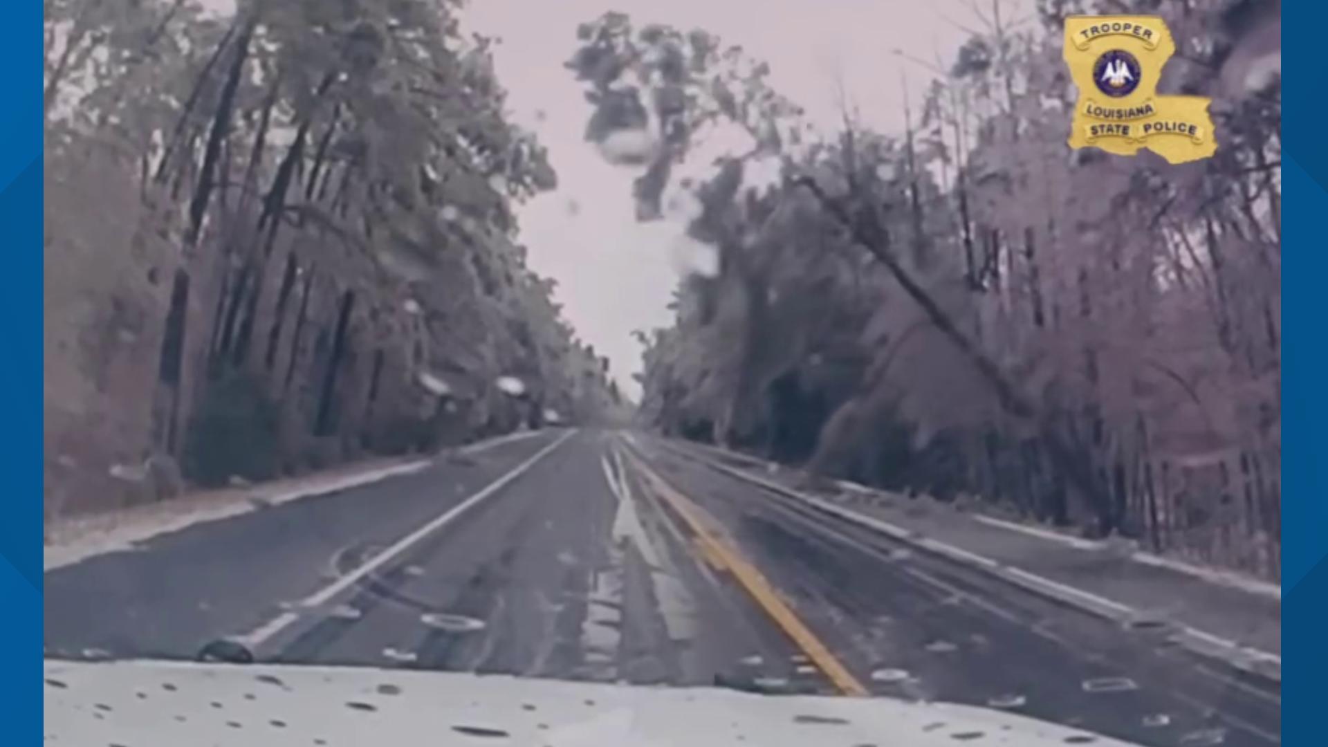 Video: State police dash cam captures frozen tree crashing down | wwltv.com