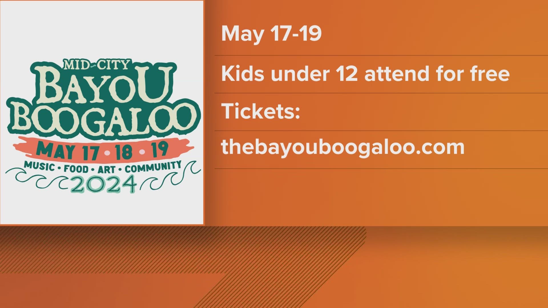 What is the Mid-City Bayou Boogaloo? Truly unique, affordable neighborhood music festival on the beautiful banks of Bayou St. John, Friday, May 17 through Sunday.