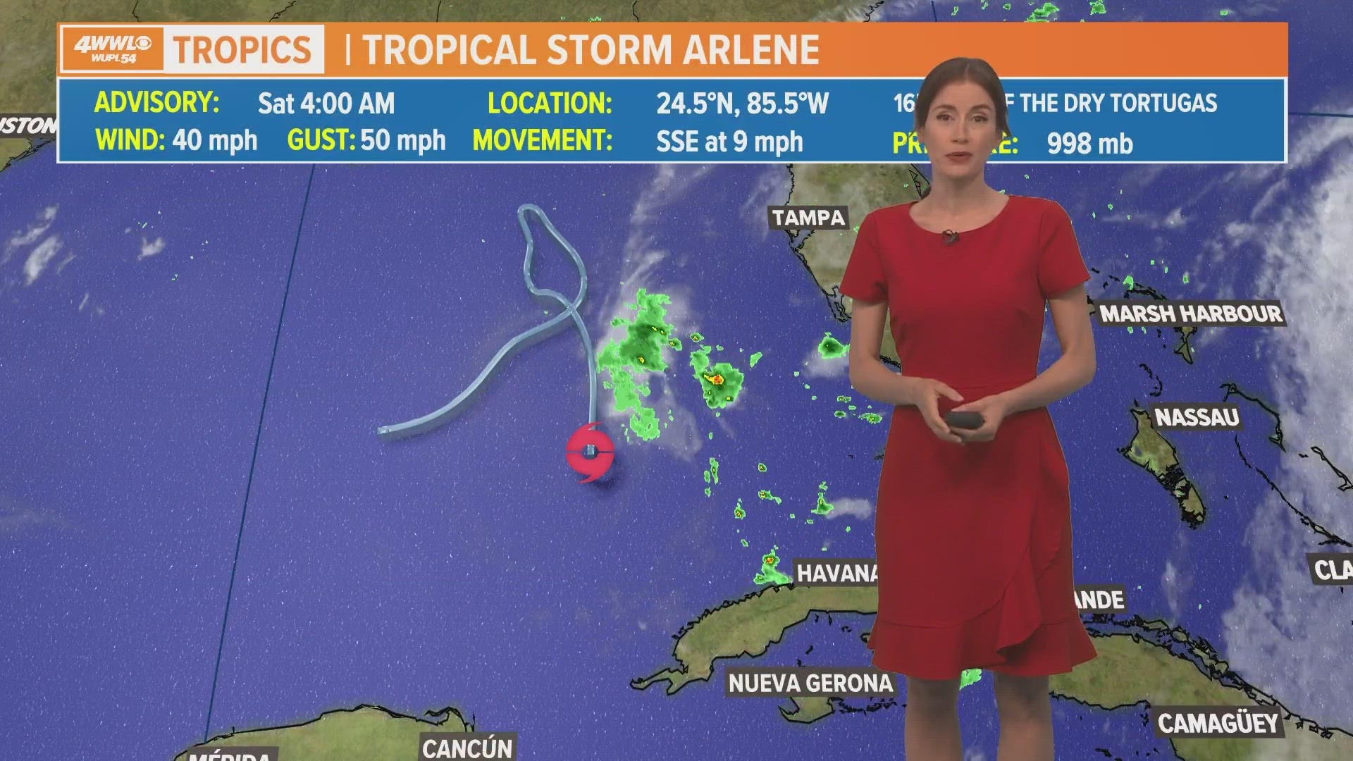 Meteorologist Alexandra Cranford has a check on Arlene at 7:30 a.m. on Saturday, June 3, 2023.