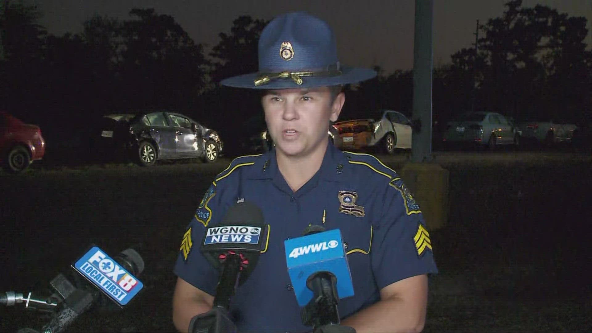 Louisiana State Police Sgt. Kate Stegall talks to media during a press conference concerning fatal Interstate 55 pileup on Monday,  Oct. 23, 2023.