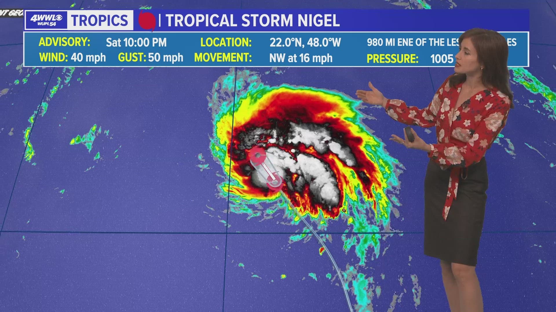 Tropical Storm Nigel formed Saturday night in the Atlantic Ocean. It is forecast to become a hurricane and stay on a generally northward path over the ocean.