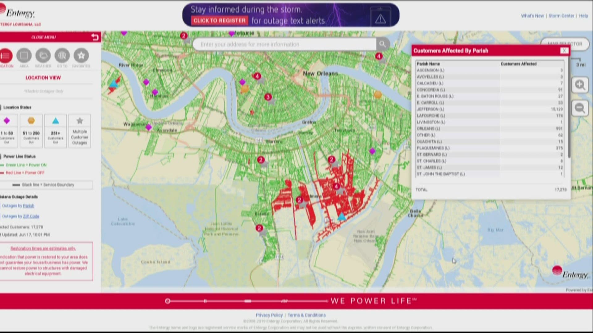 More than 17,900 Entergy customers in Jefferson Parish were without power as of 8:20 p.m. Monday, according to the utility's power outage map.