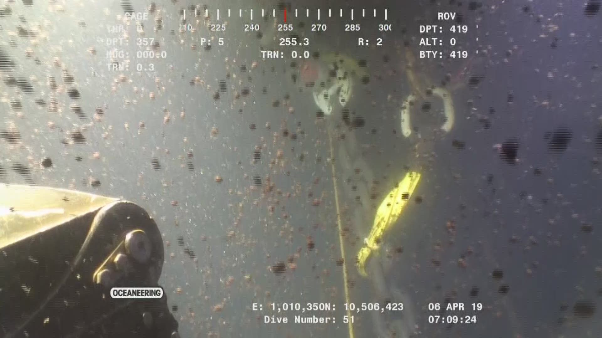 Footage provided by a U.S. Coast Guard contractor, taken on April 6, 2019, shows an underwater angle of oil rising from the Taylor Energy leak during renewed containment efforts.