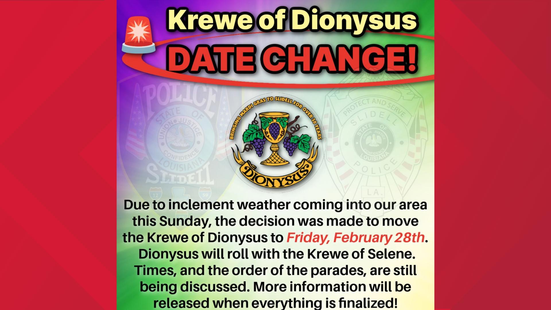 Dionysus will now roll with the Krewe of Selene.
