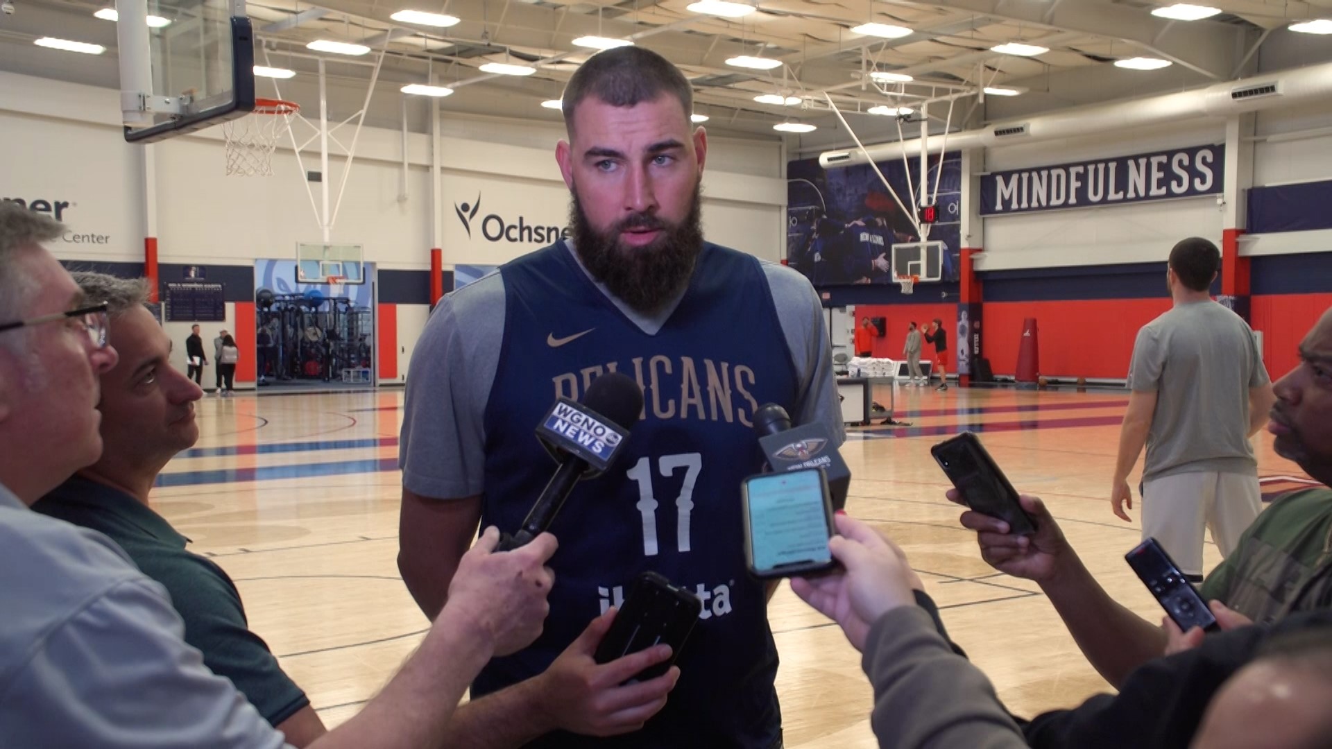 Pelicans center Jonas Valančiūnas talked to media following practice at the team's training facility in Metairie, La., on Monday, Feb. 26, 2024.