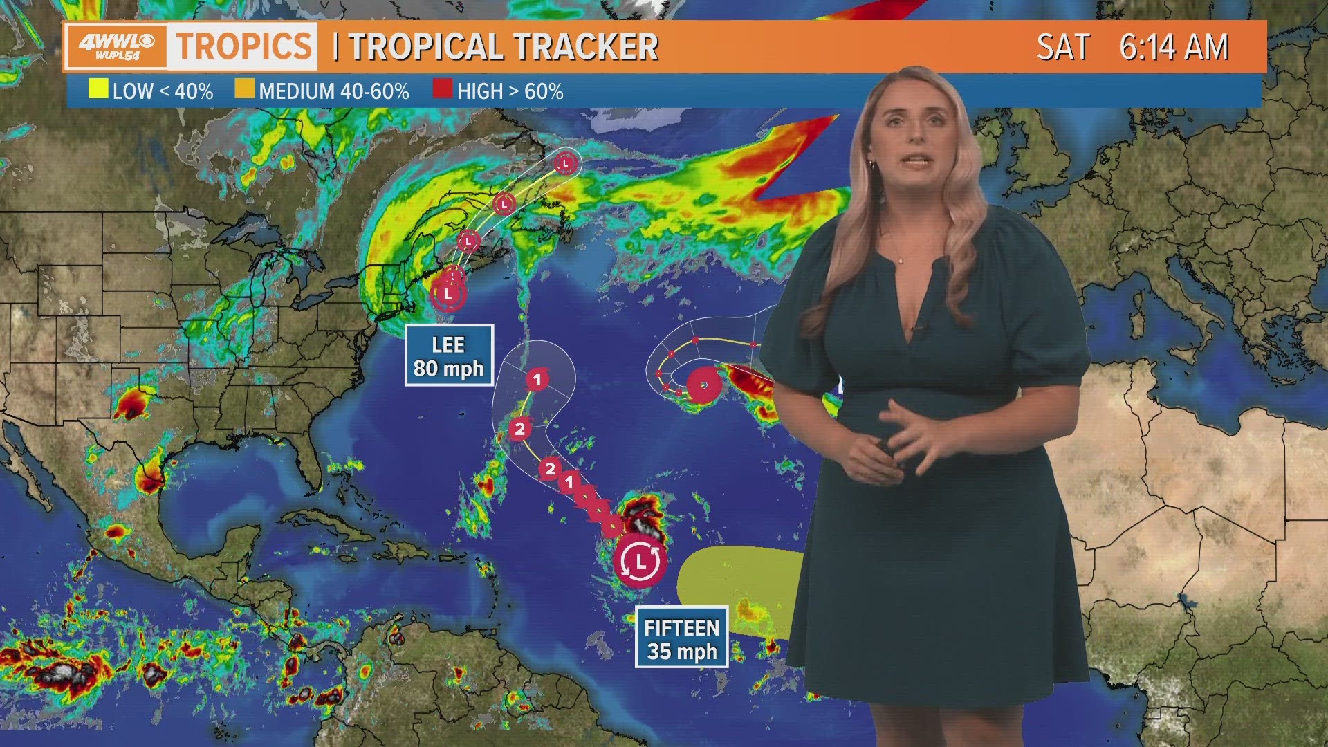 Meteorologist Alexa Trischler says Lee is a post-tropical cyclone sending impacts to New England and Canada, Tropical Depression 15 is in the open Atlantic.