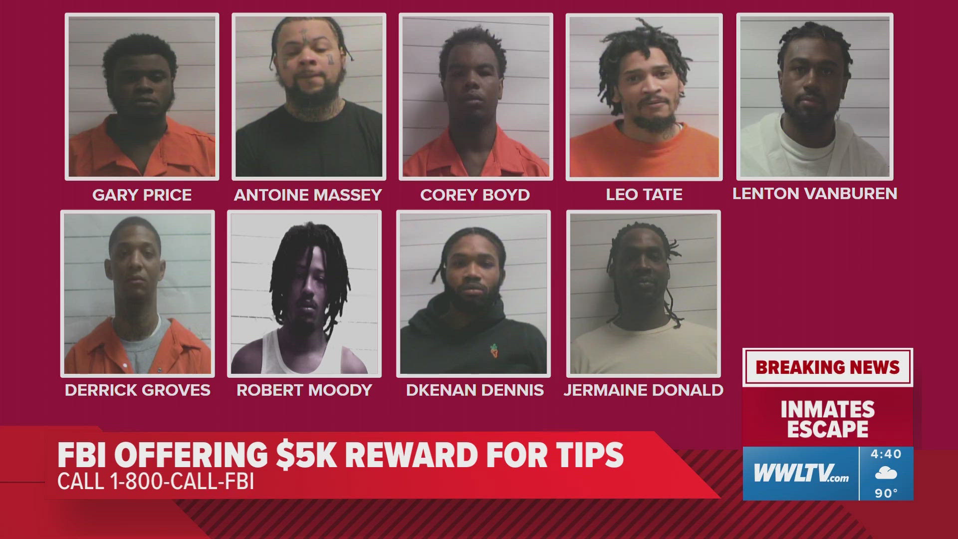 FBI offers $5,000 reward for info leading to escaped Orleans Parish inmates. Live coverage on WWL Louisiana.