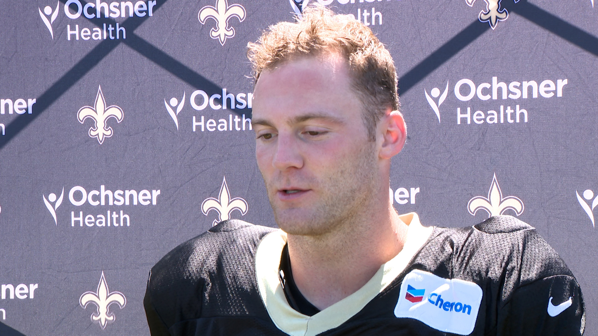 Linebacker Pete Werner talks with media following practice on Day 6 of 2024 Saints training camp at UC-Irvine in California on Tuesday, July 30.