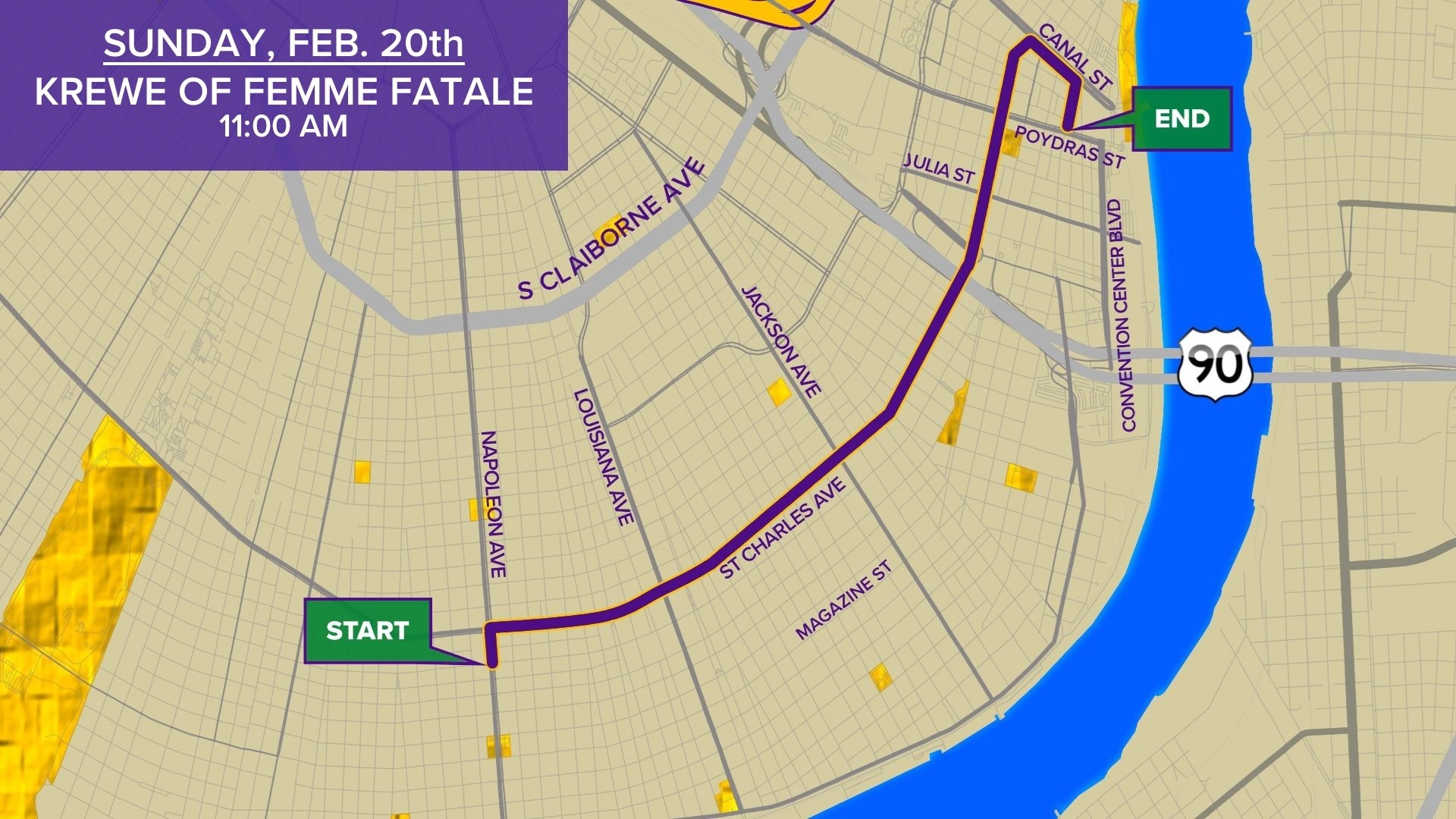 Krewe of Femme Fatale parade route, start time