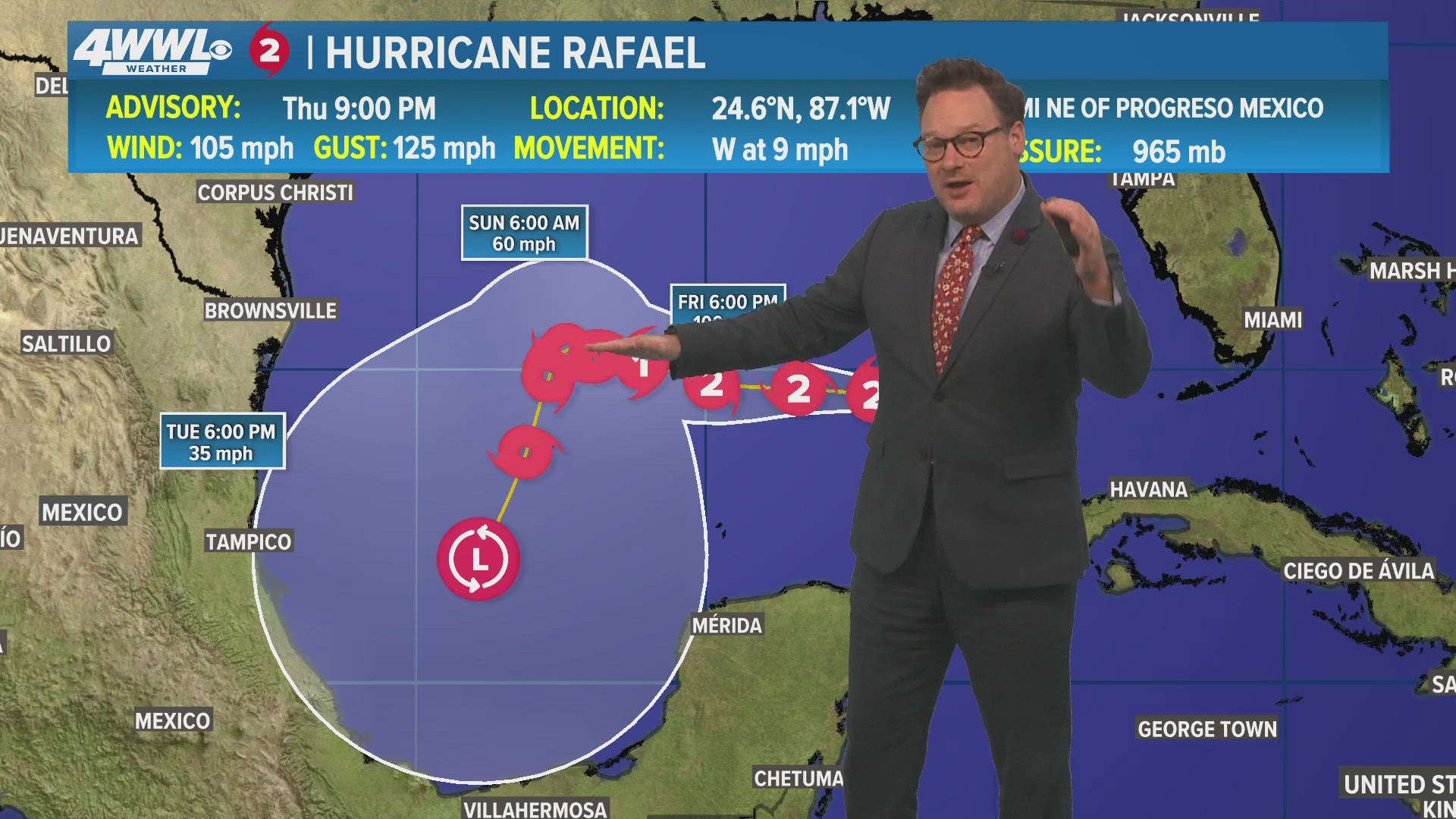 Chief meteorologist Chris Franklin says Hurricane Rafael is expected to dissipate over the Gulf of Mexico.