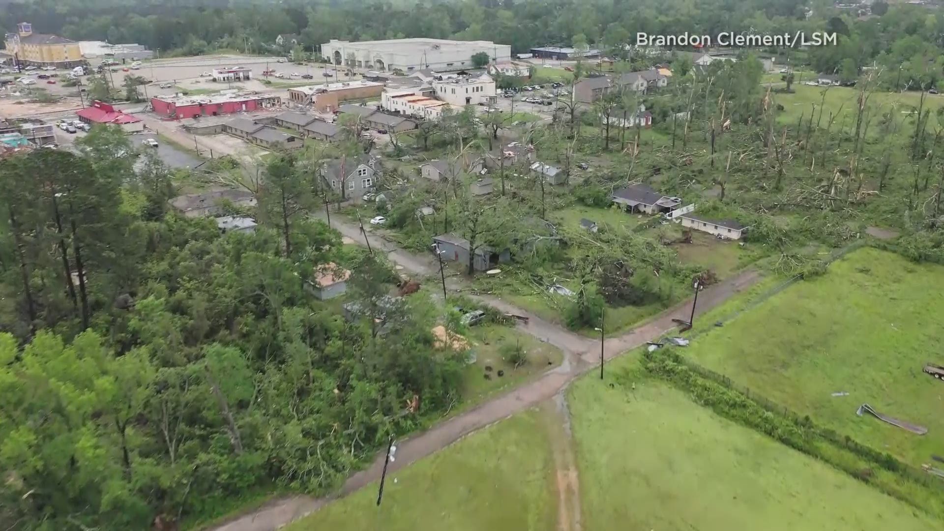 Drone video from Brandon Clement captured the extent of the damage in parts of Ruston where the National Weather Service says a tornado that was "at least an EF-3" struck.