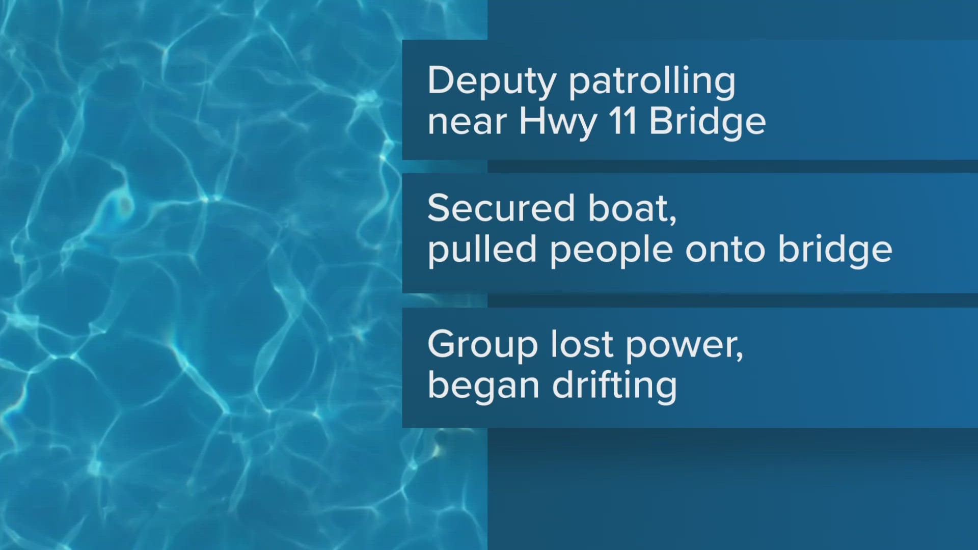 A U.S. Guard vessel that was in the area, the STPSO deputy was able to secure the boat and pull all four occupants safely onto the Hwy 11 bridge.