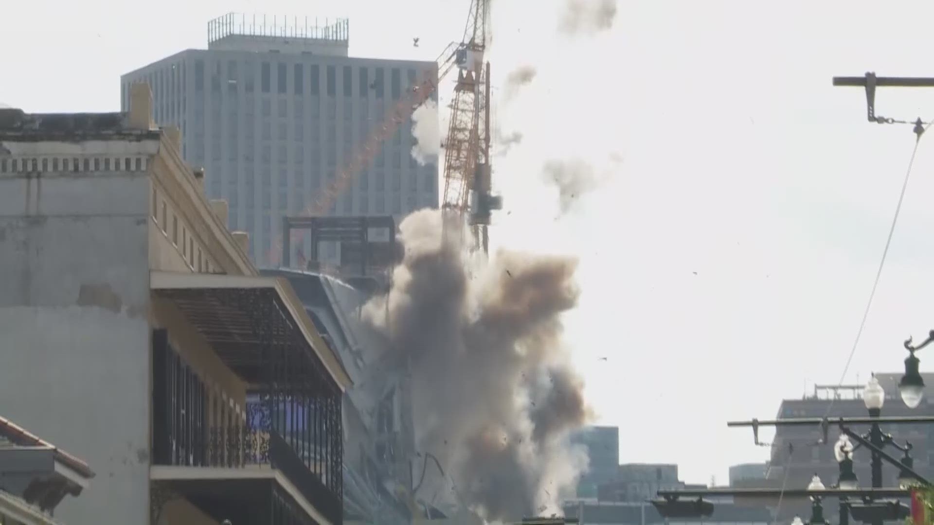 Six cameras capture the demolition of two unstable cranes standing over the Hard Rock Hotel collapse site in New Orleans from every angle.